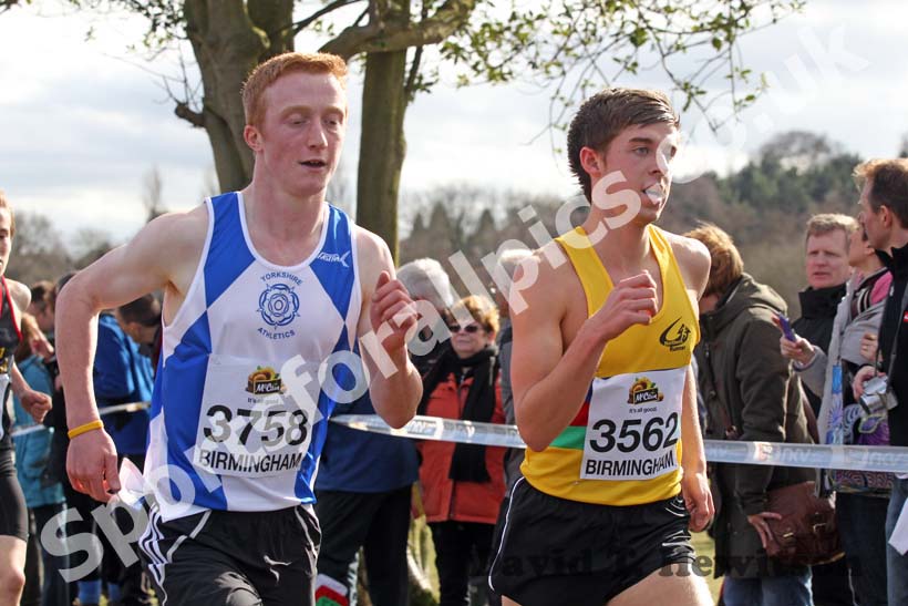 3758 Fergus Roberts and 3562 Michael Bleasby in the Under-17 Mens, McCain Inter Counties Cross Country, Cofton Park, Birmingham.